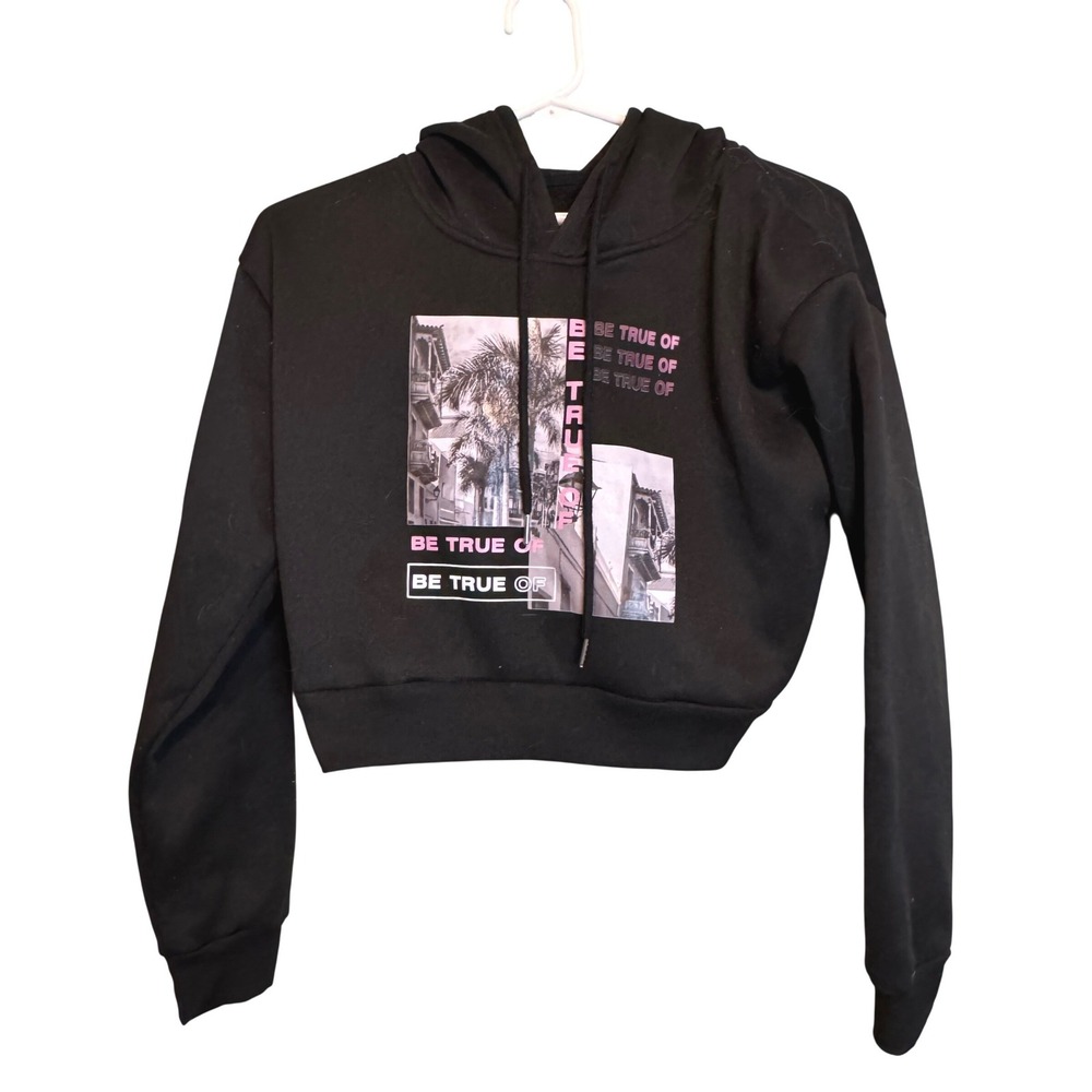 SHEIN Womens Black Cropped‎ Graphic Hoodie Be True Of Palm Tree Size Small